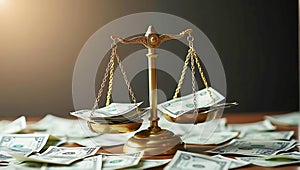 Scales of justice with one side weighed down by dollar bills, symbolizing the influence of money in corruption and the need for a photo