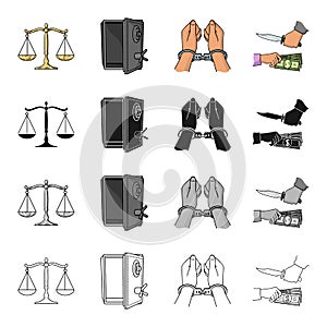 Scales of justice, a safe hacked, a criminal in handcuffs, a robbery. Crime set collection icons in cartoon black