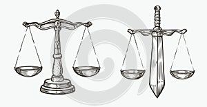 Scales of justice sketch. Jurisdiction, equity symbol vector illustration