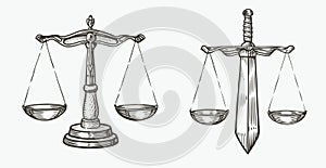 Scales of justice sketch. Jurisdiction, equity symbol vector illustration photo