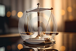 Scales of justice on table with blurred background, law concept. Generative AI