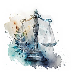 Scales of justice, watercolor illustration, isolated on white background