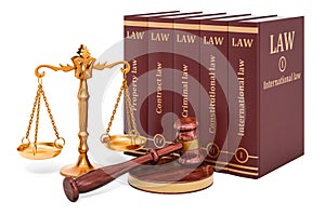 Scales of Justice with Wooden Gavel and Law Books, 3D rendering