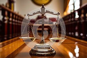 Scales of Justice on the wooden table in Court Hall. Law concept of Judiciary, Jurisprudence and Justice and business financial