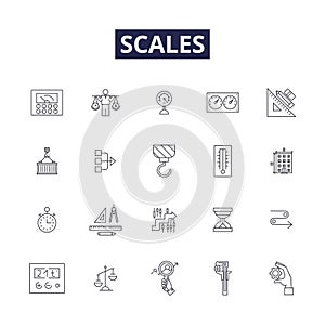 Scales line vector icons and signs. Ruler, Measurement, Metric, Dial, Weigh, Calibrate, Precision, Quantify outline