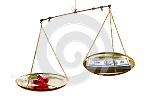 Scales with medicine syringe on one side and money banknote 100 USD on the other at white background, Expensive treatment concept