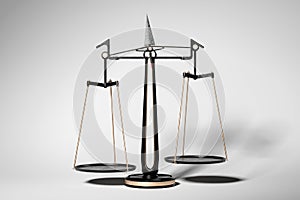 Scales, Metallic Balance Scale on White Background. Justice Symbol. 3d rendering