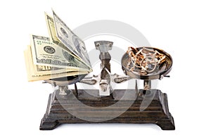 Scales, money and gold isolated on white background