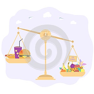 Scales with vegetables and fruits. Scales with fast food. Fruits of fields, gardens, harvesting, organic products. Healthy eating