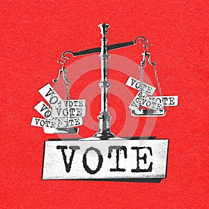 Scales with vote ballots over red background. Winning candidate. Contemporary art collage. Election day. Poster