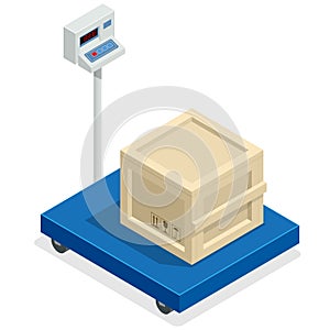 Scales for weighing heavy objects and goods. Box and cargo, package and freight, parcel and product, load packaging