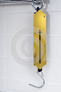 Scales for weighing products in kitchen hang on a white hook opposite the wall of ceramic tiles