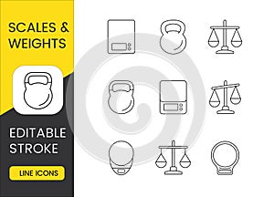 Scales and weights set of vector line icons for food packaging, editable stroke