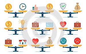 Scales work balance. Time is money, home and business, job and family life, price and idea comparison. Flat icon choice