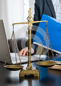 Scales workplace lawyer office laptop document table