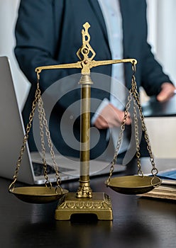 Scales workplace lawyer office laptop document table