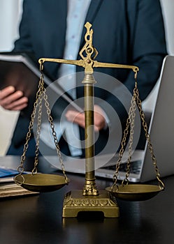 Scales workplace lawyer office laptop document table