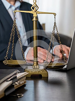 Scales workplace lawyer office laptop document table type hand