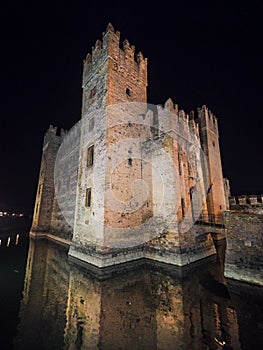 Scaliger Castle in Sirmione on Lake at Night, Garda, Lombardy, I