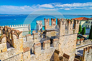 Scaligero Castle Castello di Sirmione medieval fortress, Sirmione town on Garda lake