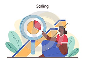 Scaling concept. Woman analyzes pie chart growth, business performance metrics