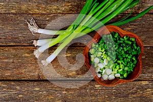 Scallion on wood background and cut onoin wood plate