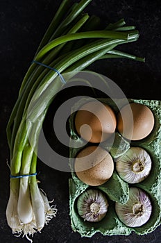 Scallions, garlic and eggs