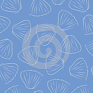 Scallop seamless pattern on a blue in line art style. Undersea design for fabric, textile print, wrapping paper, cover