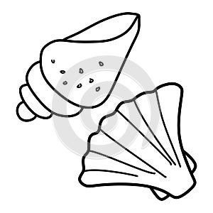 Scallop Seashell Linear Hand drawn illustration. Vector Outline Ocean Mollusk Sea Shell on white background. Line Art Minimal