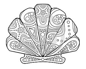 Scallop shell - antistress coloring book - vector linear picture for coloring. Shell scallop ocean clam - picture for coloring