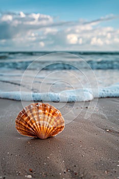 Scallop shell on the sand beach, blurred background