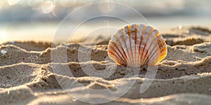 Scallop shell on the sand beach, bokeh background.