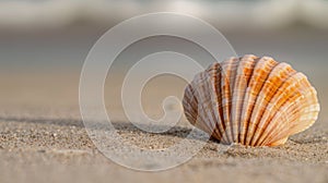 Scallop shell on the sand beach, close-up photo.
