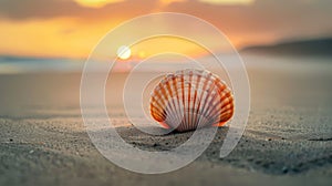 Scallop shell on the sand beach at sunset
