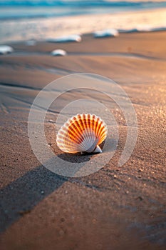 Scallop shell on the sand beach at sunset