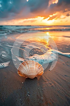 Scallop shell on the sand beach at sunset