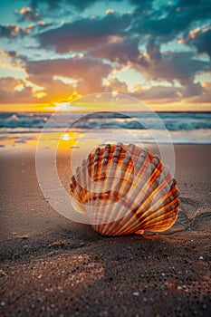 Scallop shell on the sand beach at sunset