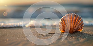 Scallop shell on the sand beach at sunset