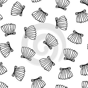 Scallop shell seamless vector pattern. Hand drawn simple doodle on white background. Closed sea mollusk. Seafood