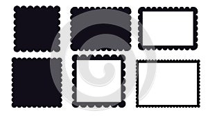 Scalloped edge border silhouette shapes, wavy borders isolated on white background. Scallop stamp, rectangle frame.