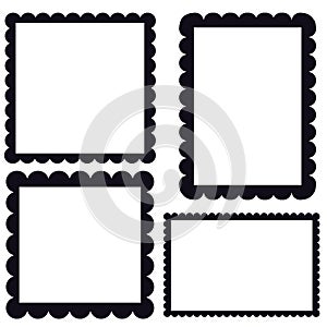 Scalloped edge border silhouette shapes, wavy borders isolated on white background. Scallop stamp, rectangle frame.