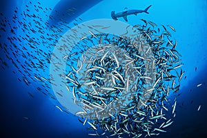 Scalloped hammerhead shark with shoal of fish