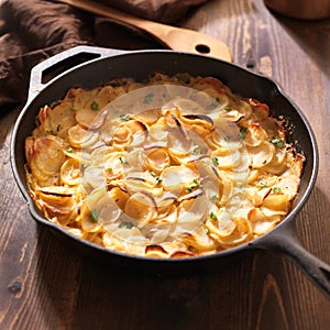 Scalloped potatoes in rustic iron skillet