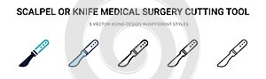 Scalpel or knife medical surgery cutting tool icon in filled, thin line, outline and stroke style. Vector illustration of two