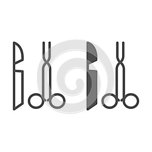 Scalpel and tweezers line and glyph icon. Two items of surgical instruments symbol, outline style pictogram on white