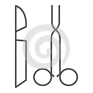 Scalpel and tweezers thin line icon. Two items of surgical instruments symbol, outline style pictogram on white