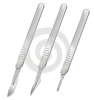 Scalpels with removable blades and a handle without a blade. Manual surgical instrument. Realistic objects on a white