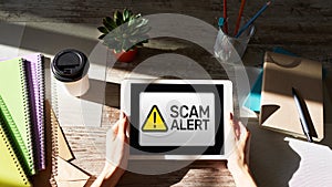 Scam alert detecting warning. Notification on device screen.