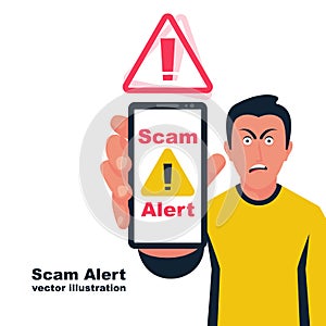 Scam alert. Frightened man with a phone in hands. Vector flat.