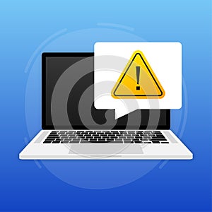 Scam alert message on laptop screen. Phishing scam. Danger risk note. Vector stock illustration.